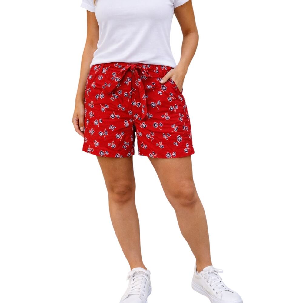 Liz Claiborne Women’s Size 14 Red Blue Floral Tie Waist 5” Inseam Summer Shorts